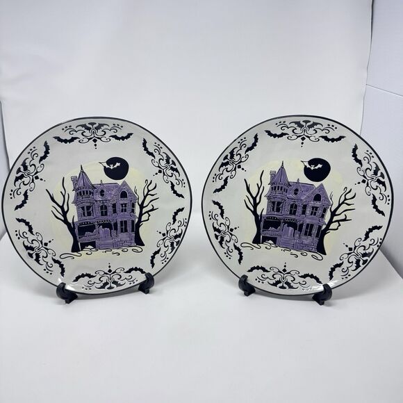 Spectrum Designz Haunted House Halloween Plates 11” Bat Spooky Set of 2 - Picture 1 of 12